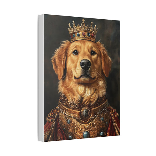 Canvas print of a golden retriever wearing a crown and ornate robe on a dark background